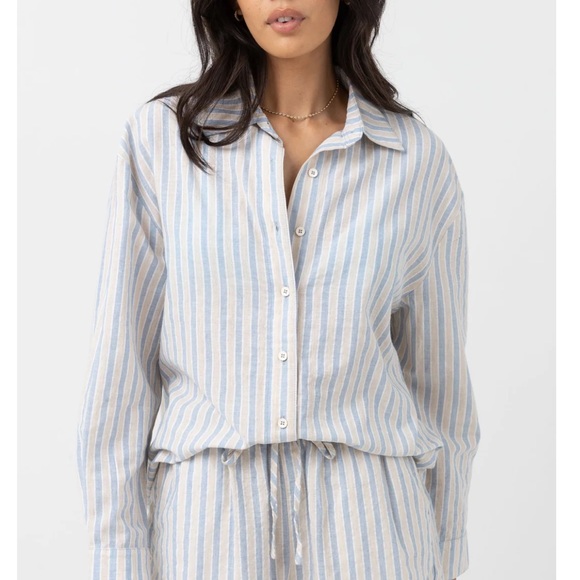 Rhythm - Amore Stripe Oversized Shirt - Blue and Tan - Size Small - Picture 1 of 10